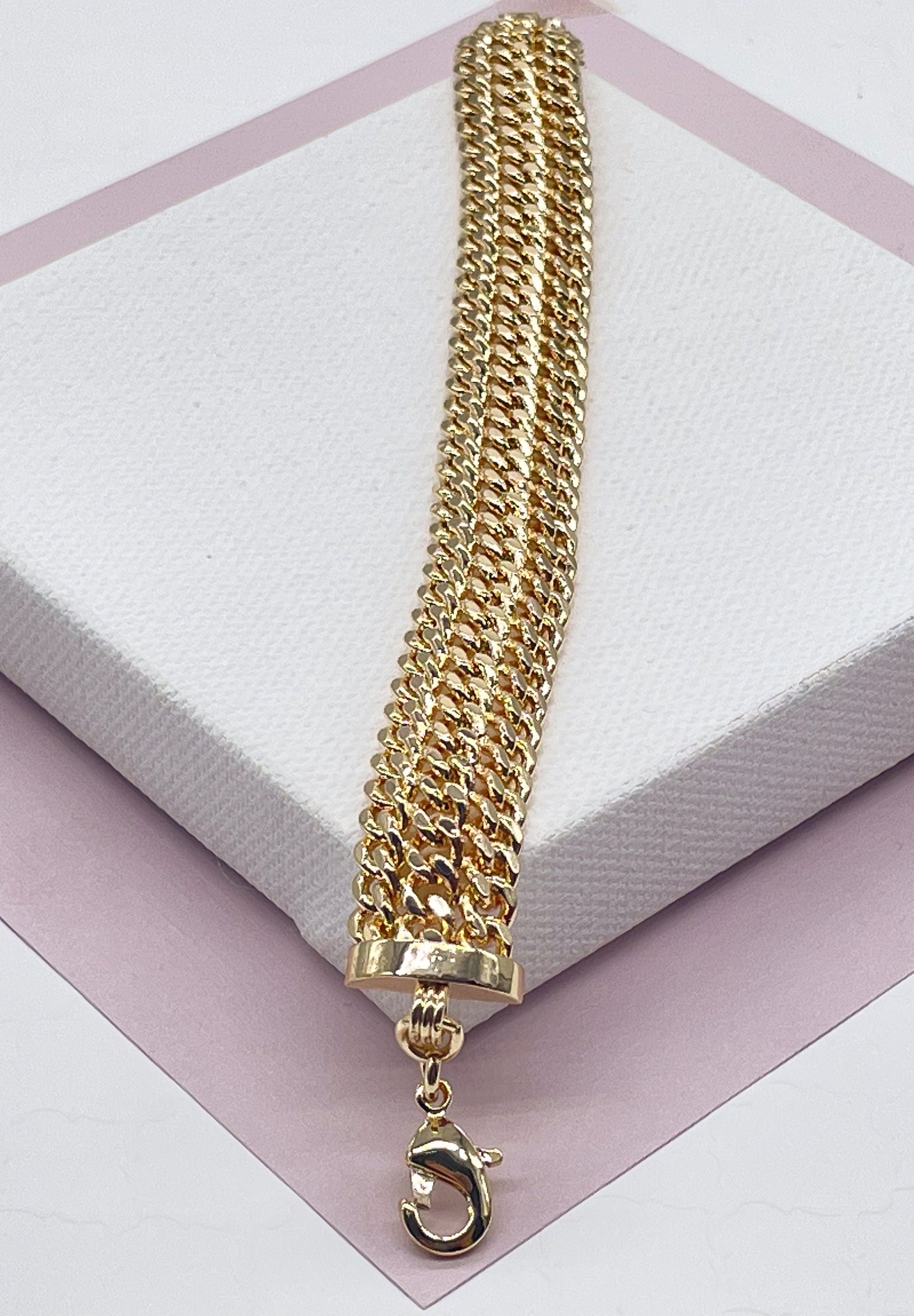 18K Gold Filled Thick Bracelet Feature Three Cuban Link Connected Side by Side