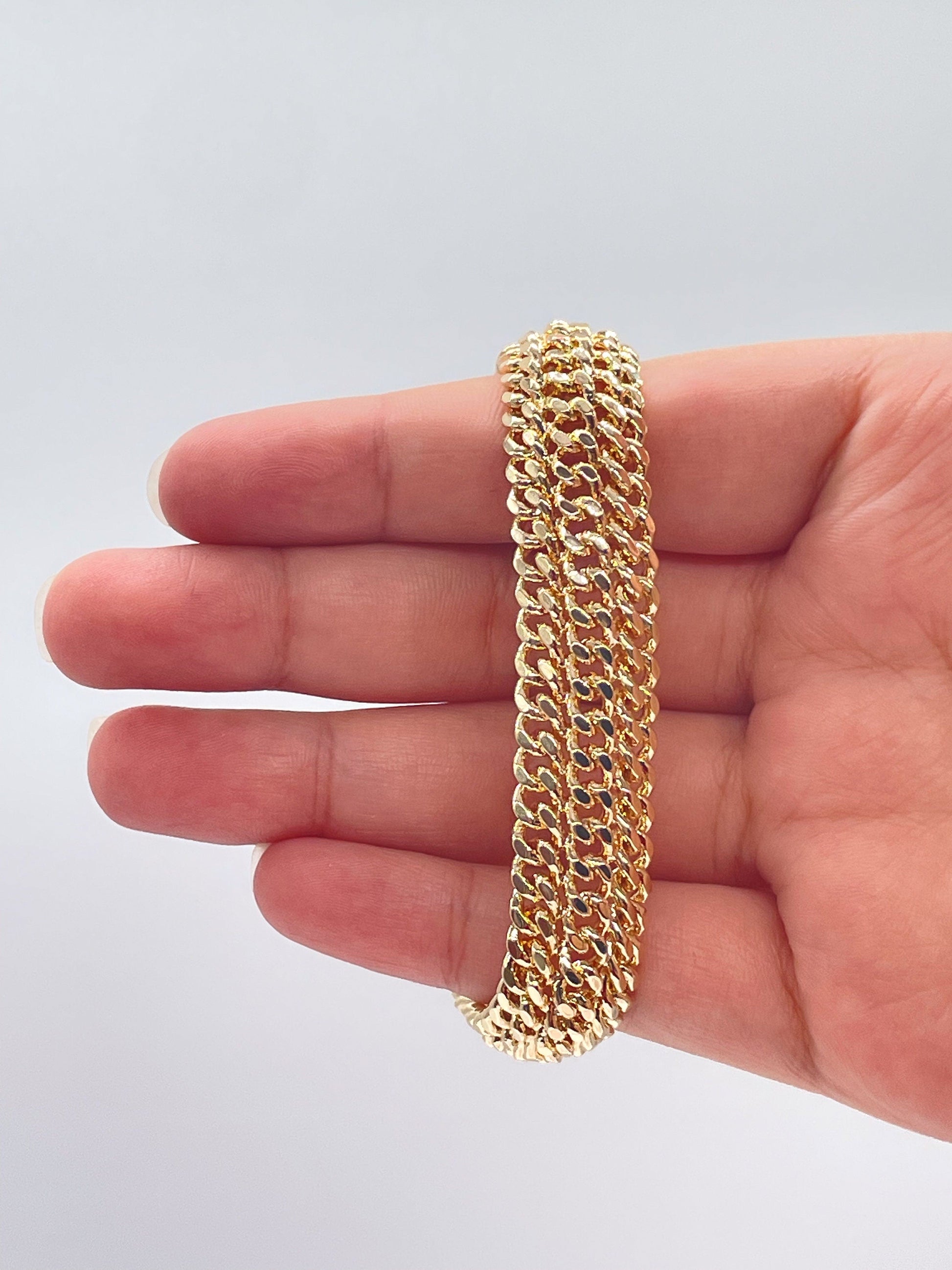 18K Gold Filled Thick Bracelet Feature Three Cuban Link Connected Side by Side