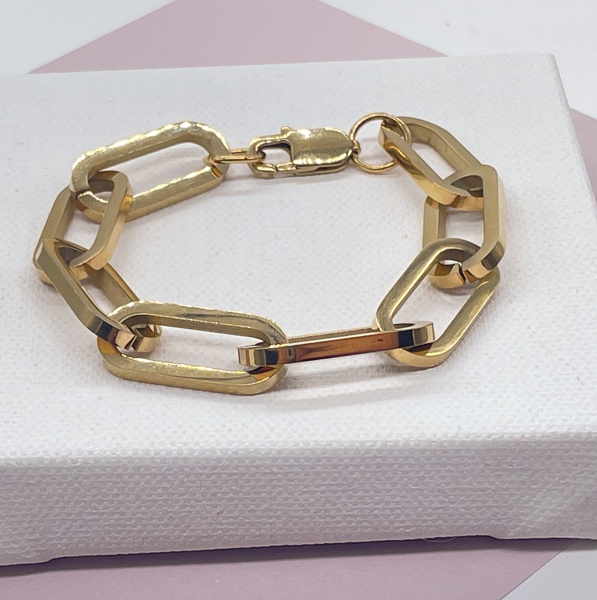 18K Gold Filled Paper Clip Link Bracelet, Chunky Chain