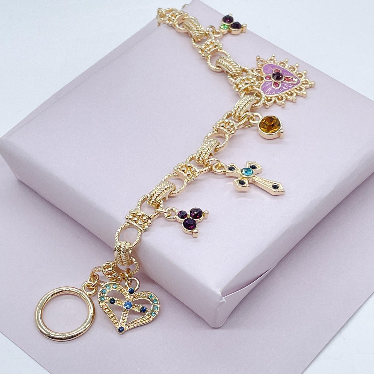 18k Gold Filled Protection Bracelet Featuring Enamel Charms, Cross, Purple