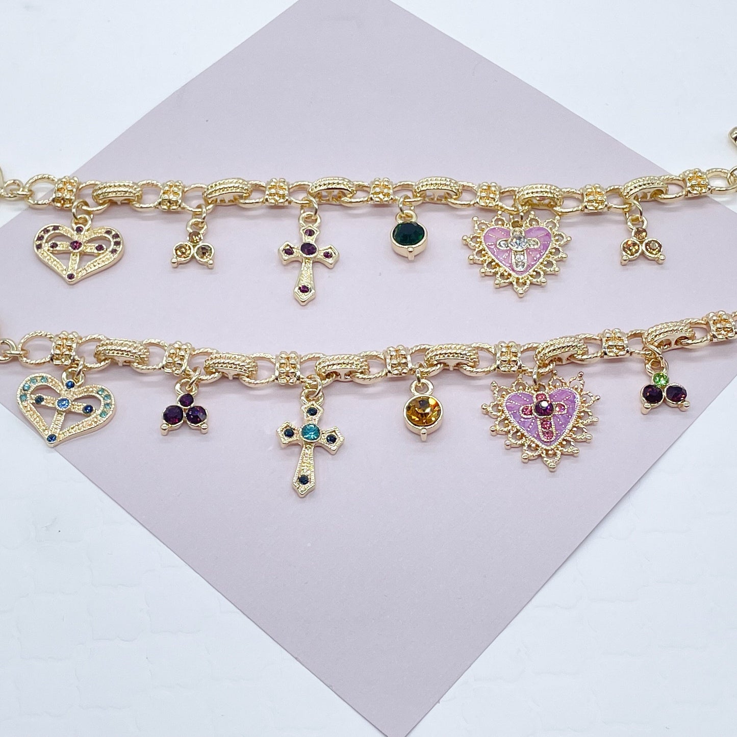 18k Gold Filled Protection Bracelet Featuring Enamel Charms, Cross, Purple