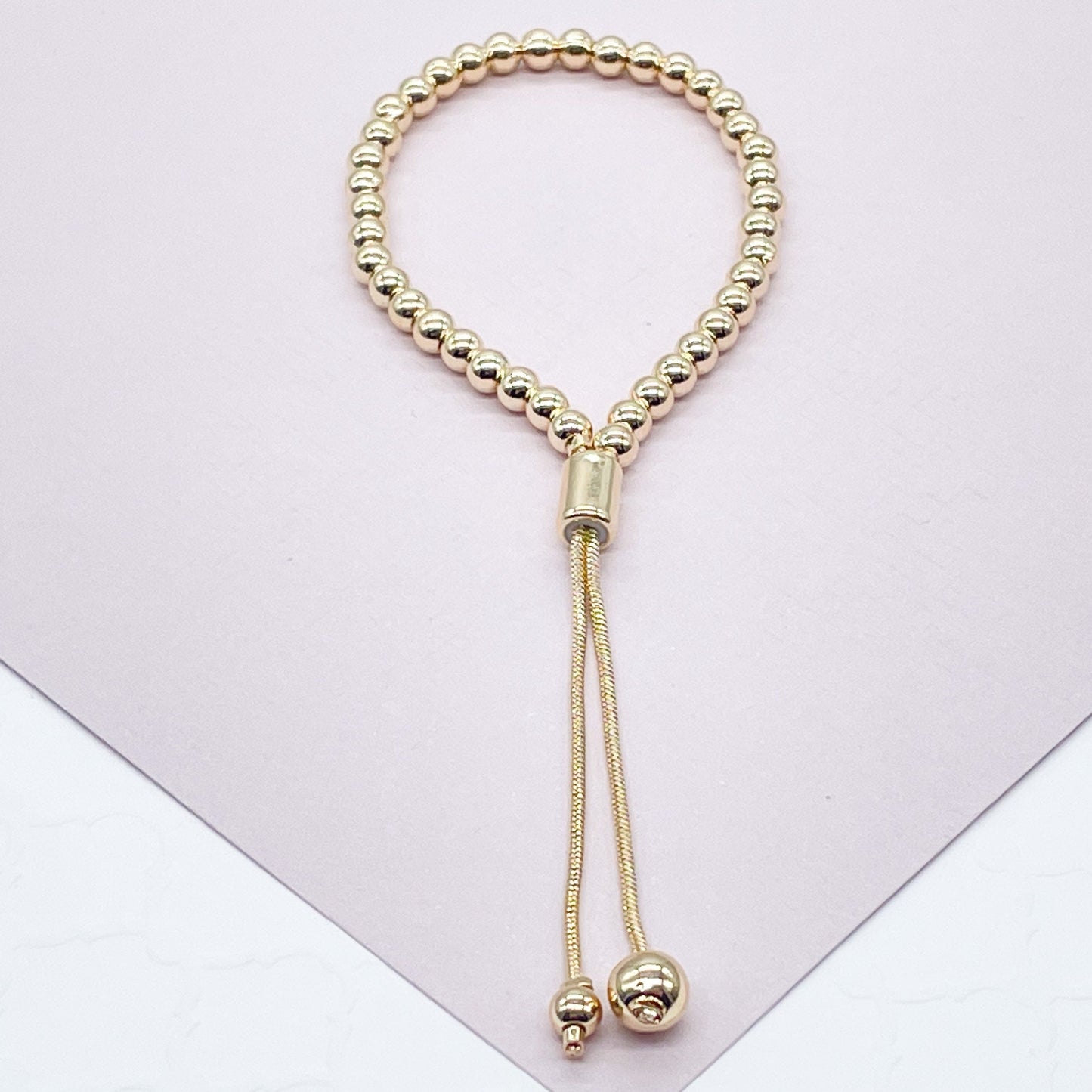 18k Gold Filled Beaded Bracelet: Adjustable Slider Clasp