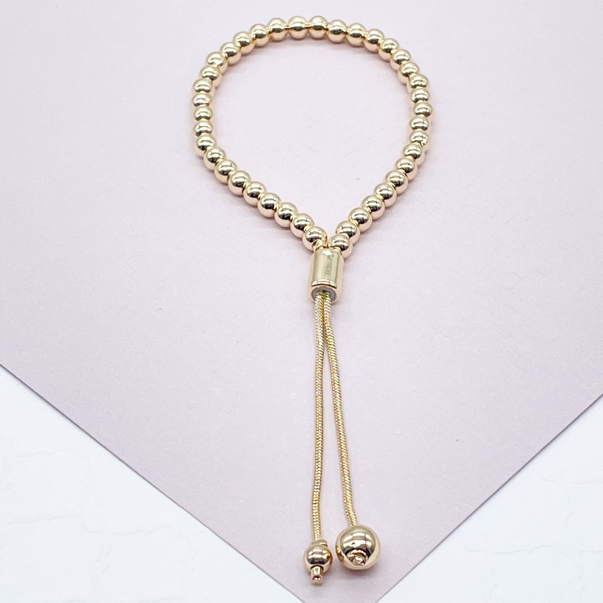 18k Gold Filled Beaded Bracelet: Adjustable Slider Clasp
