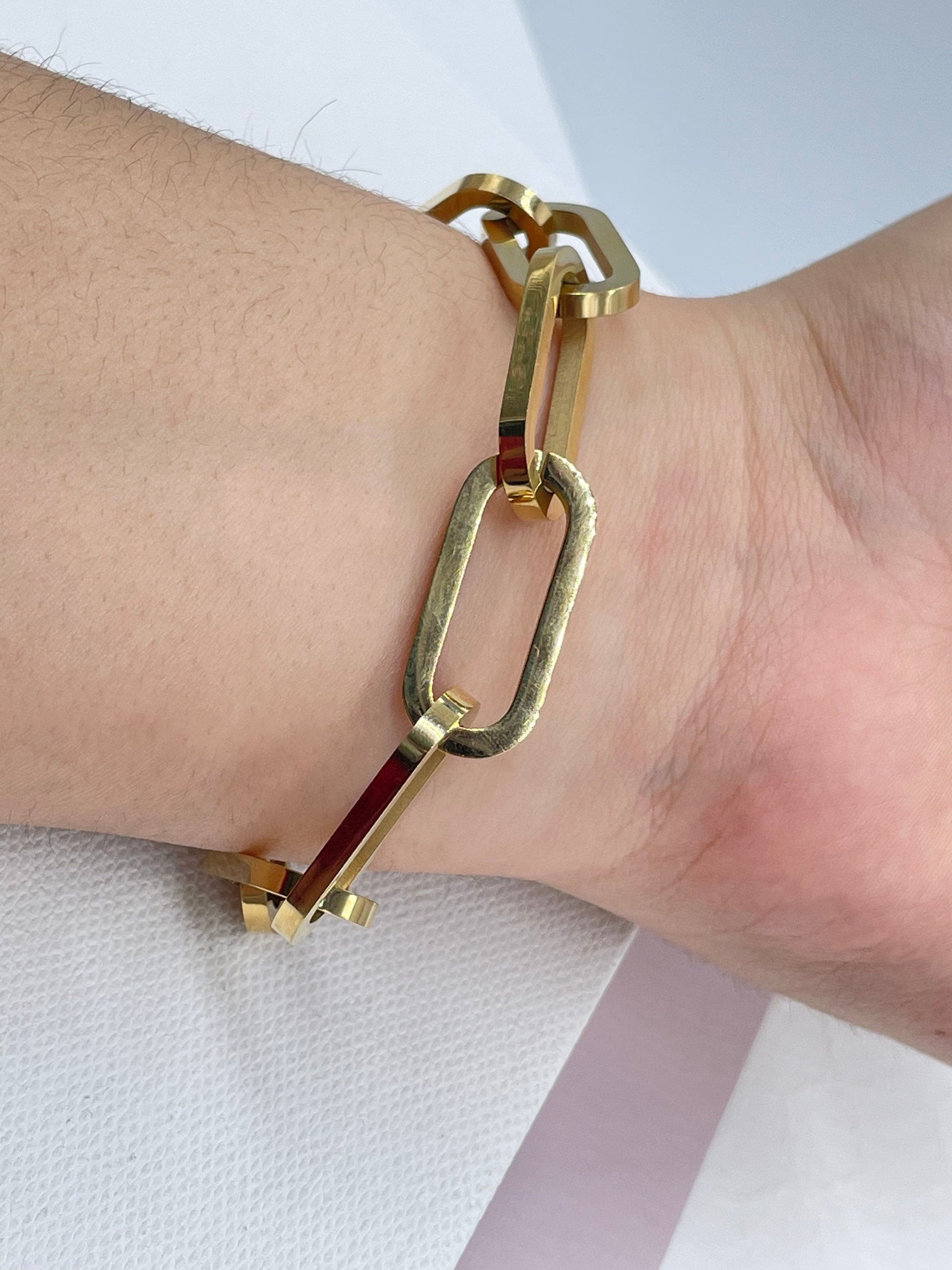 18K Gold Filled Large Paper Clip Style Link Bracelet, Chunk Link Bracelet