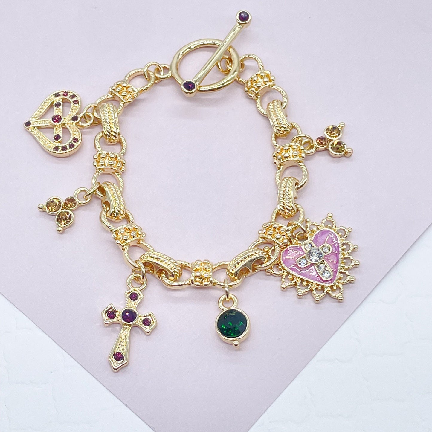 18k Gold Filled Charm Bracelet: Enamel, Cross, Heart, Crystals