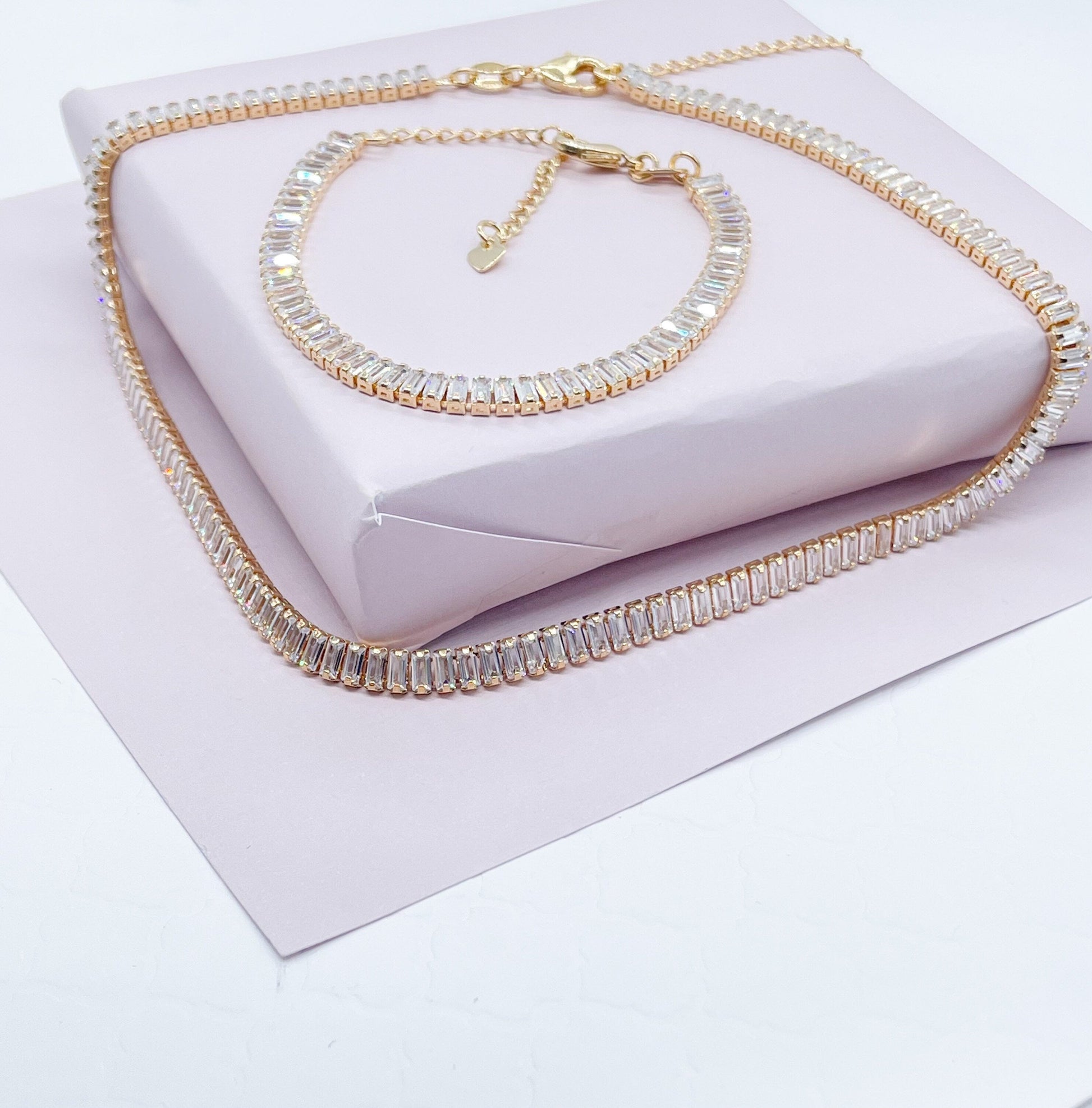 Gorgeous 18k Gold Filled Baguette Cubic Zirconia Set Choker Necklace and Bracelet And Jewelry Making Supplies