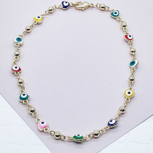18k Gold Layered Colorful Heart Shape Evil Eye Anklet