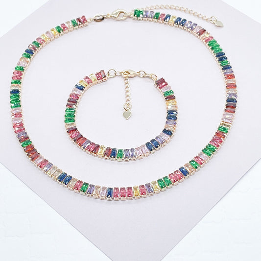 18k Gold Layered Choker Necklace And Bracelet Set With Colorful Baguette Cubic