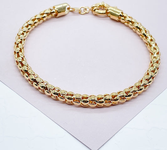 Gorgeous Unique 18K Gold Filled Wheat Link Tube Set Featuring Large Ring Clasp Hypoallergenic Jewelry   Women Gold Bracelet