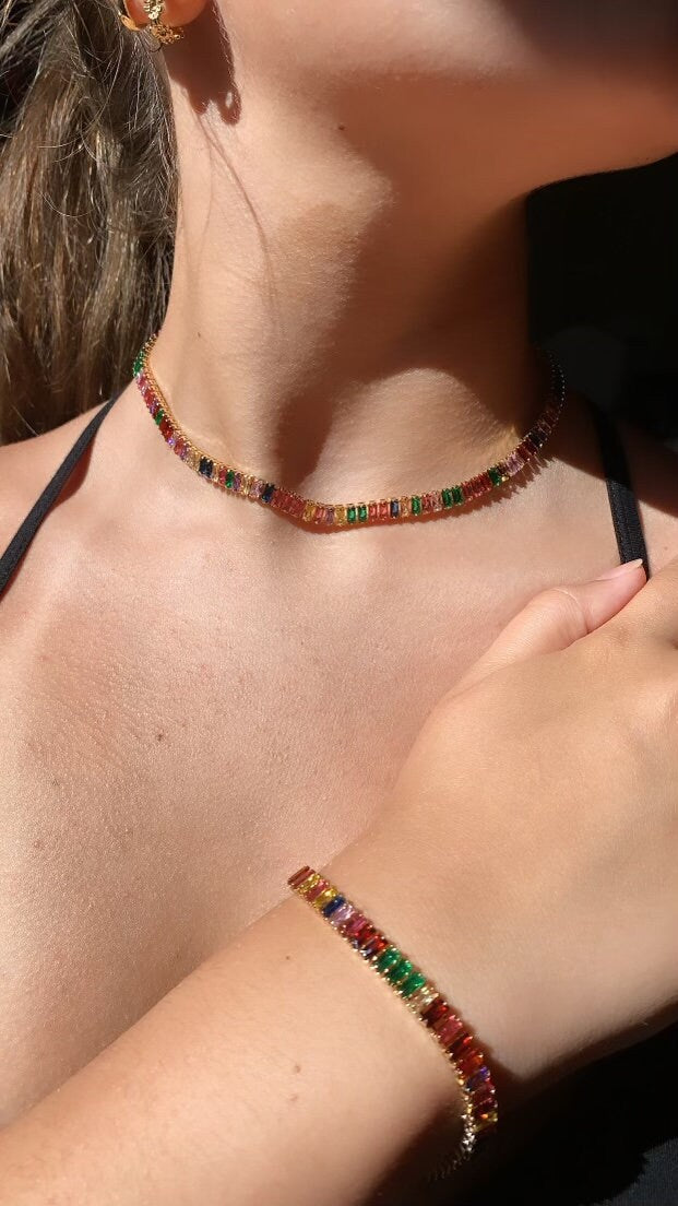 18k Gold Filled Choker Necklace And Bracelet Set With Colorful Baguette Cubic
