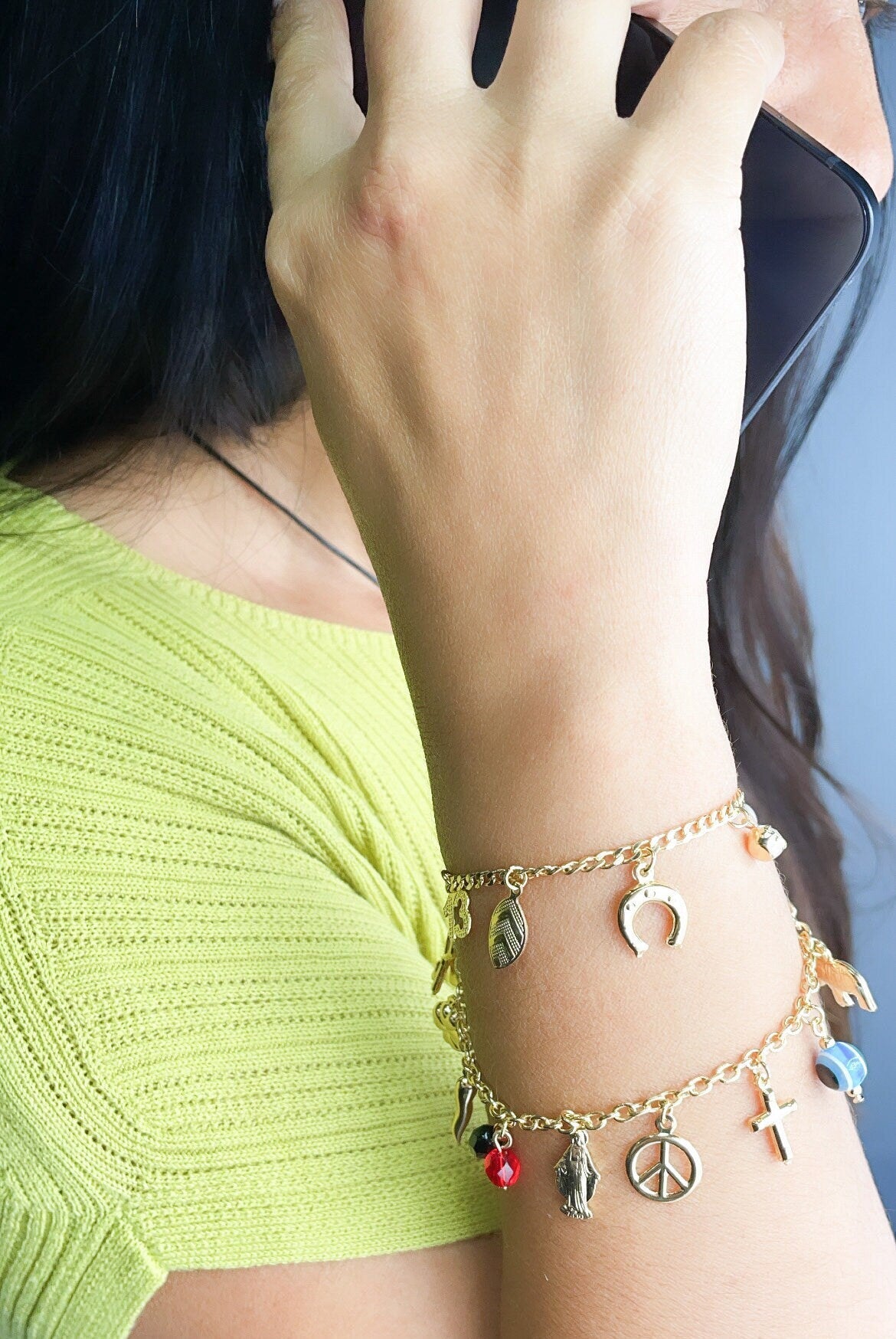 18k Gold Filled Luck Charms Bracelet Protection, Good Luck, Money Prosperity Featuring Evil Eyes, "Figa", Clover, Crystals, Guadalupe