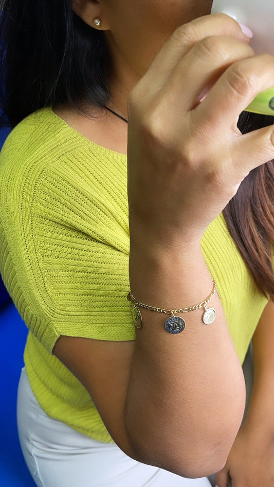 18k Gold Filled Coin Charm Bracelet: Figaro Link Medallion Pendants