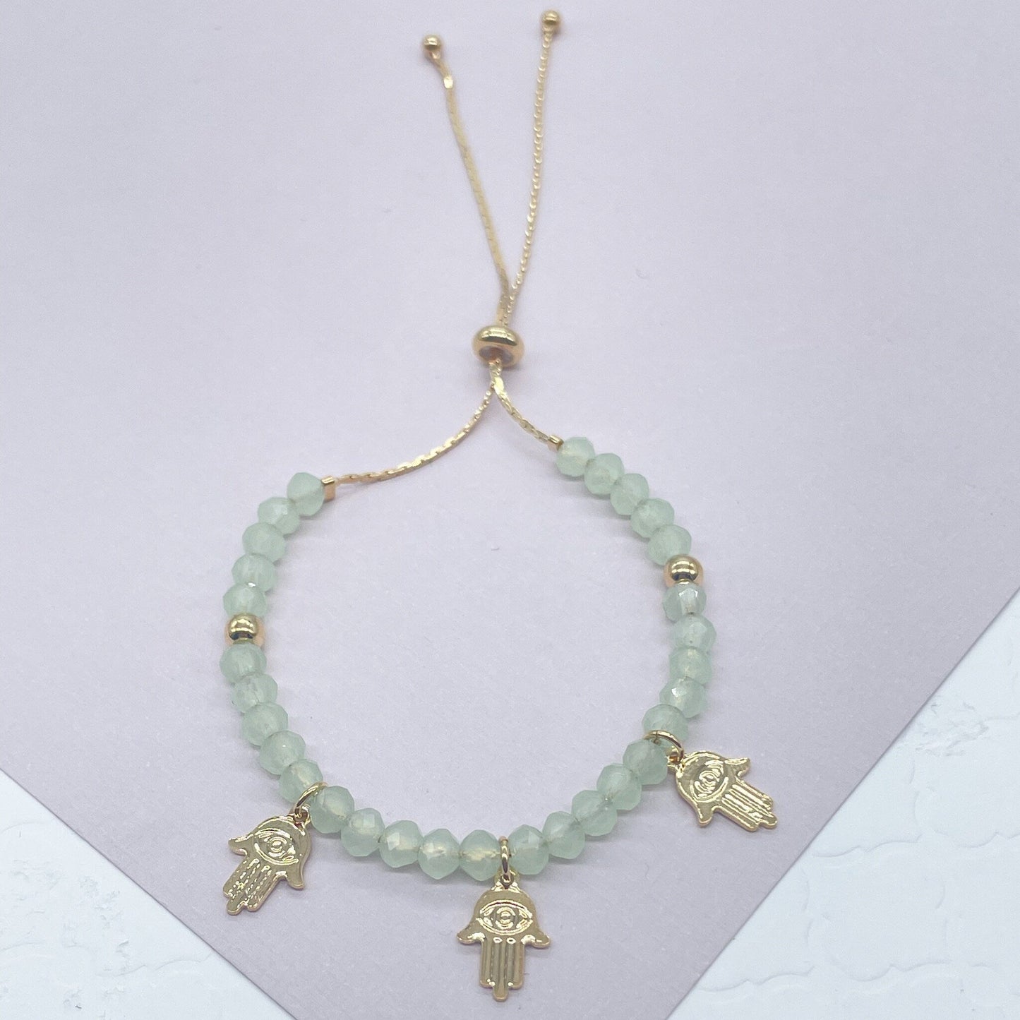 Slide Clasp 18k Gold Filled Colorful Beaded And Hamsa Charm Bracelet, Protection Adjustable Dainty Bracelet