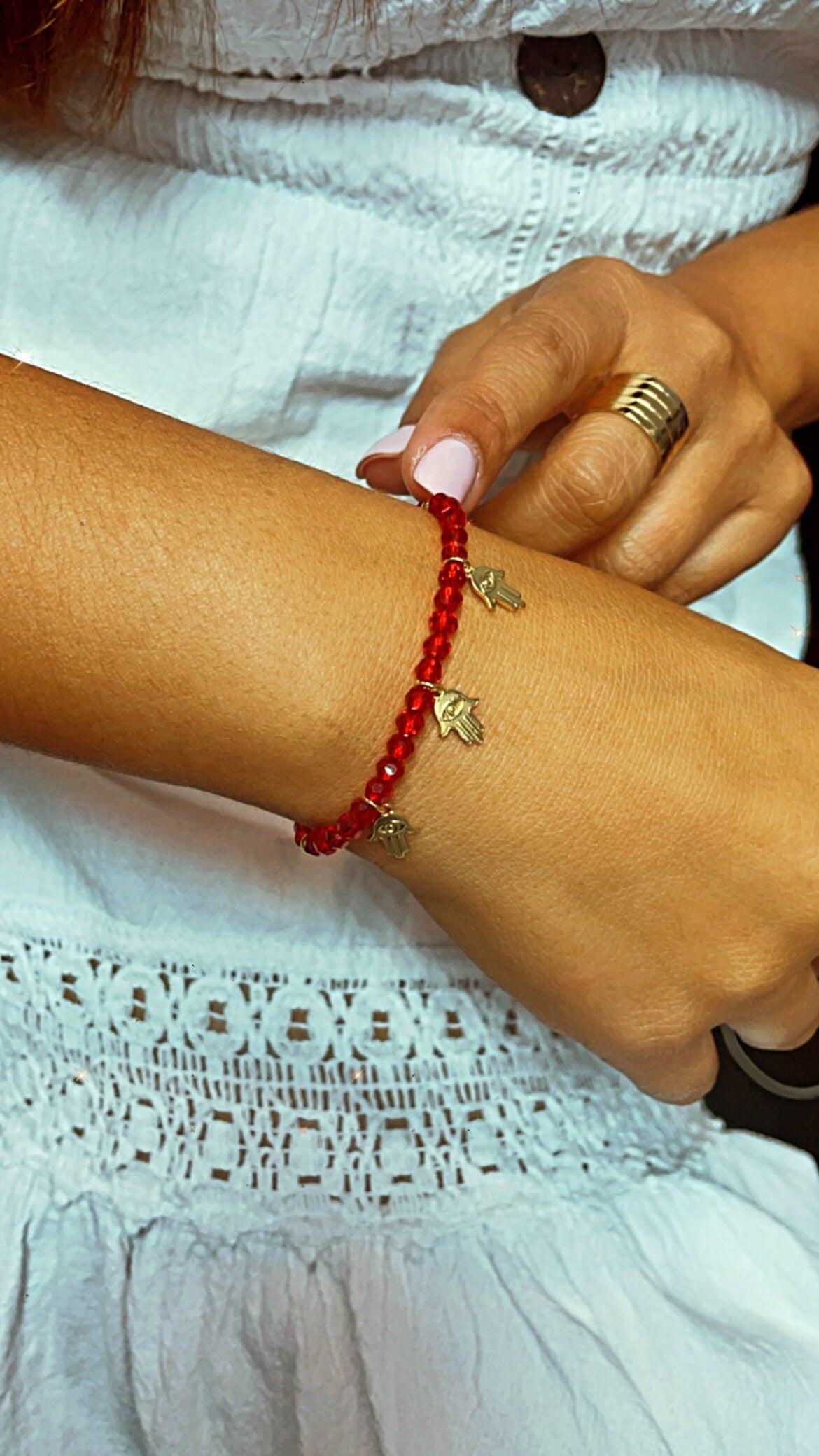 Slide Clasp 18k Gold Filled Colorful Beaded And Hamsa Charm Bracelet, Protection Adjustable Dainty Bracelet