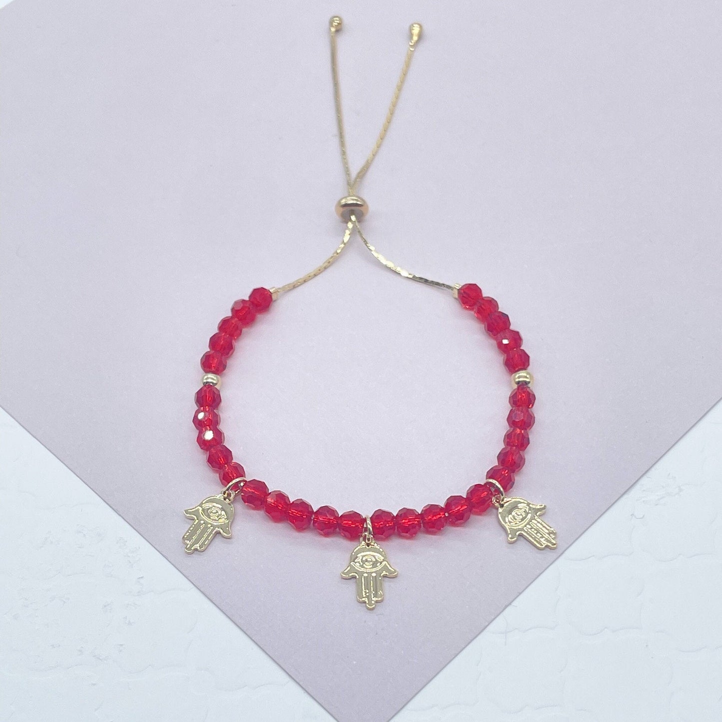 Slide Clasp 18k Gold Filled Colorful Beaded And Hamsa Charm Bracelet, Protection Adjustable Dainty Bracelet