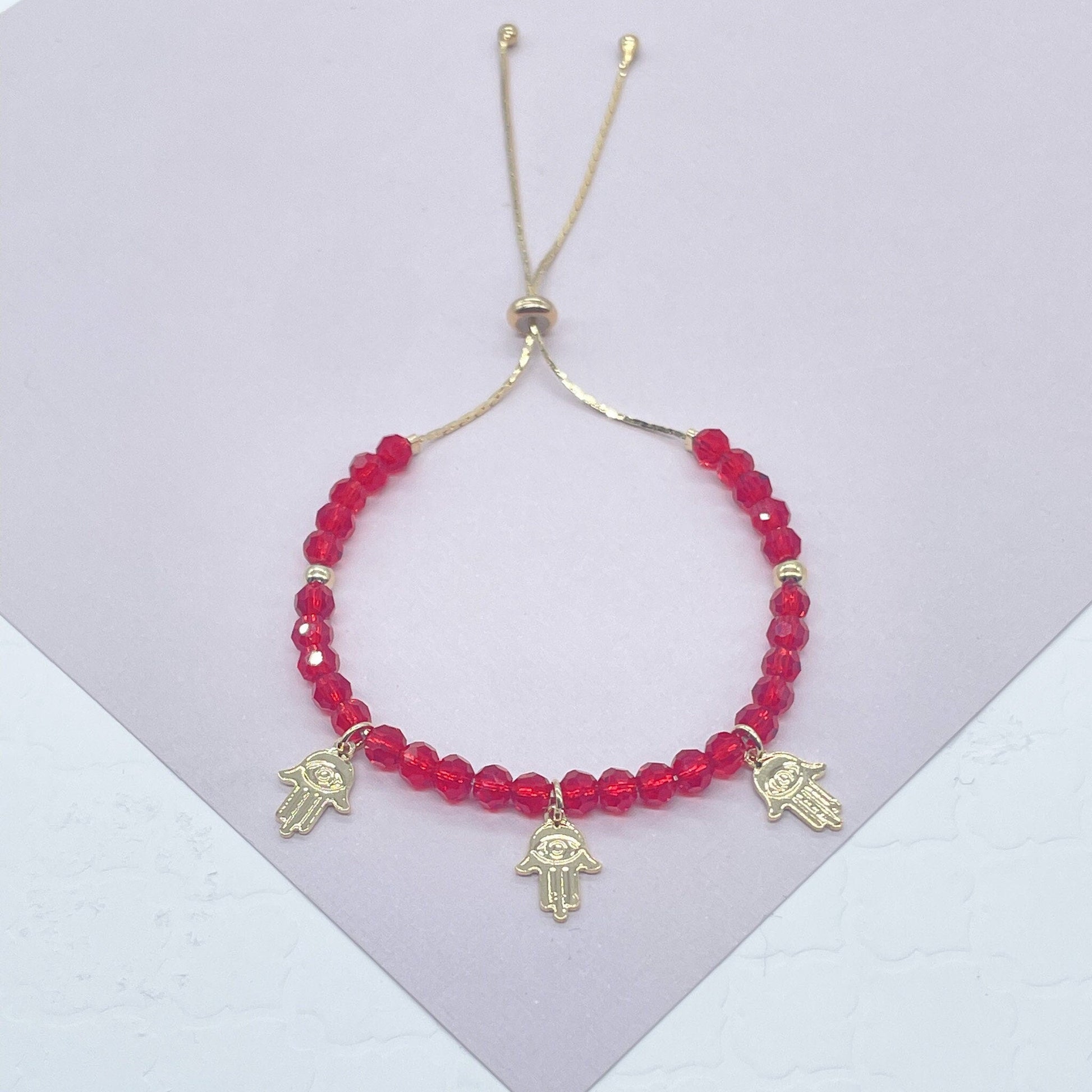 Slide Clasp 18k Gold Filled Colorful Beaded And Hamsa Charm Bracelet, Protection Adjustable Dainty Bracelet