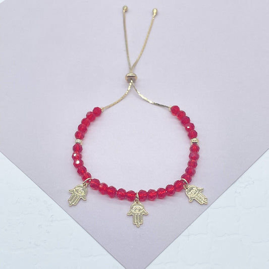 Slide Clasp 18k Gold Filled Colorful Beaded And Hamsa Charm Bracelet, Protection Adjustable Dainty Bracelet