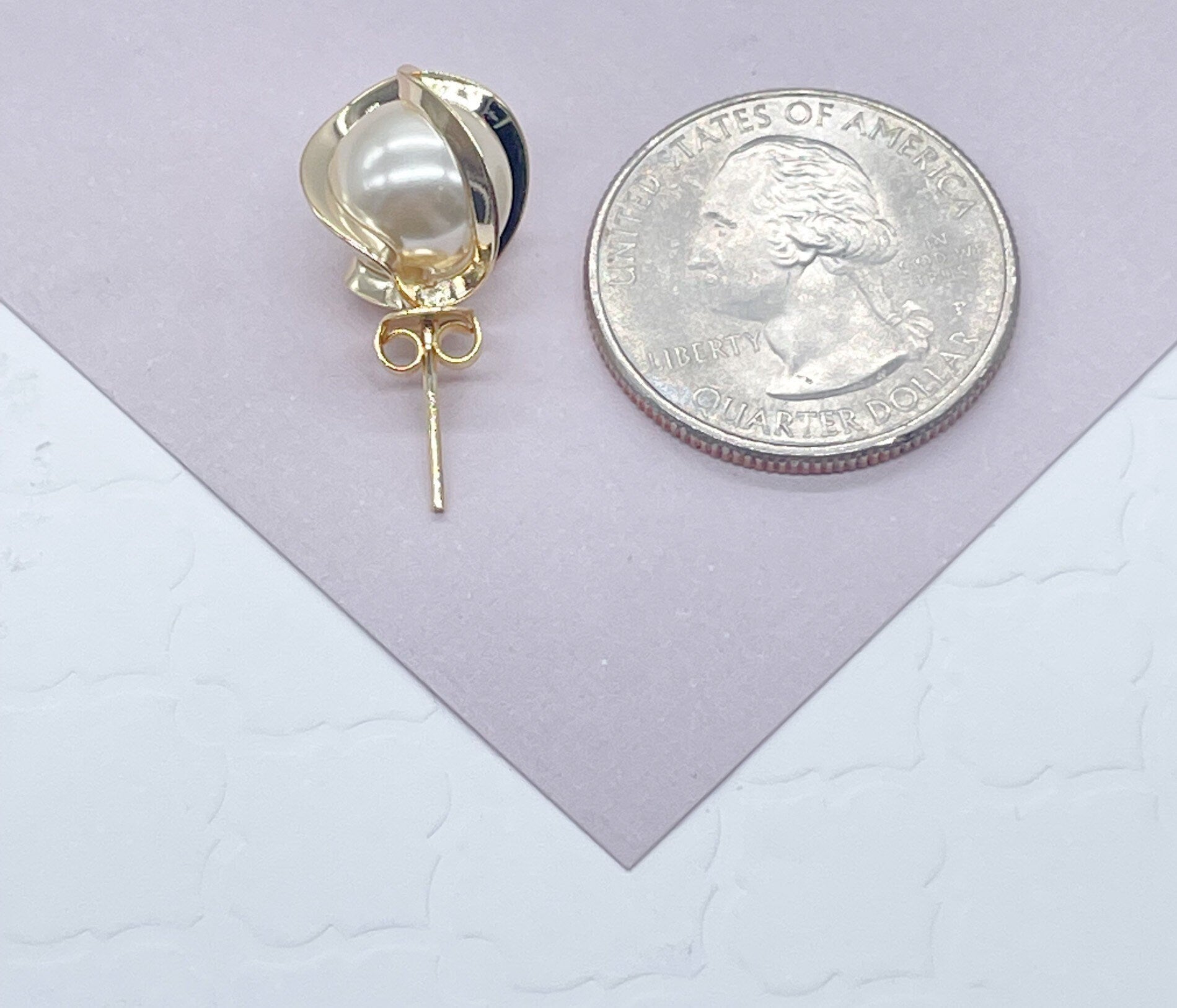 18k Gold Filled Pearl Stud Wrapped In Gold Thread 12 mm Size, Simulated Pearl,