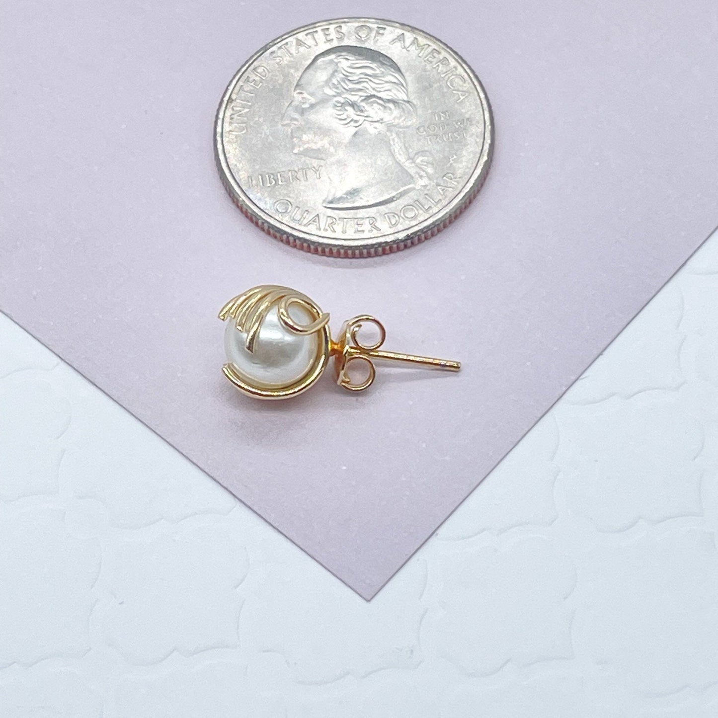 18k Gold Filled Pearl Stud Earrings Wrapped In Gold Thread, Grabbed By Wires