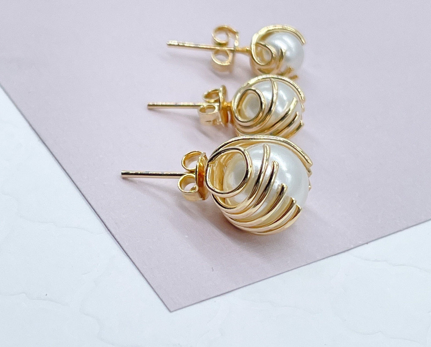 18k Gold Filled Pearl Stud Earrings Wrapped In Gold Thread, Grabbed By Wires