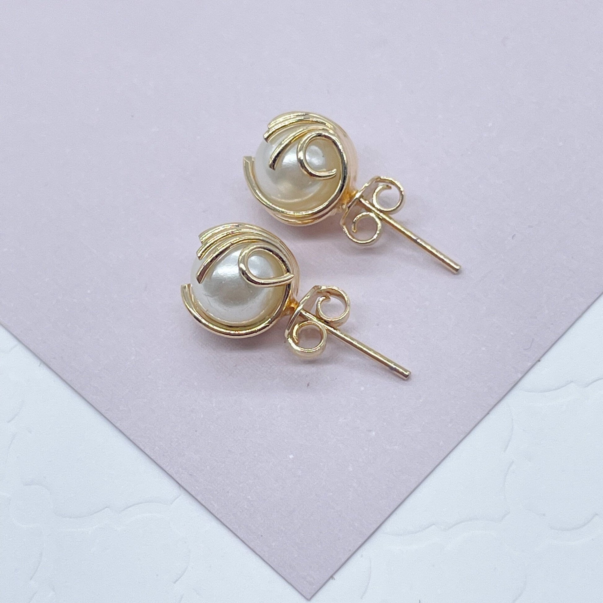 18k Gold Filled Pearl Stud Earrings Wrapped In Gold Thread, Grabbed By Wires