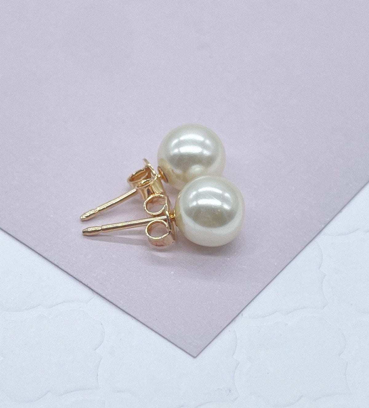18k Gold Filled Simulated Pearl Stud Earrings (8mm, 10mm, 12mm)