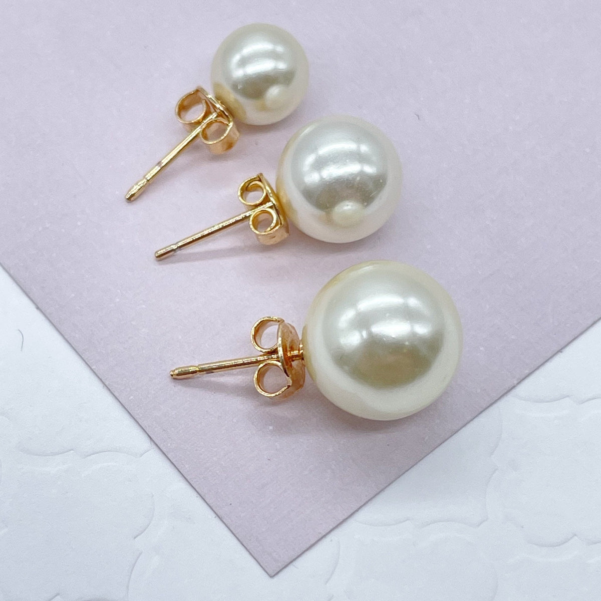 18k Gold Filled Simulated Pearl Stud Earrings (8mm, 10mm, 12mm)