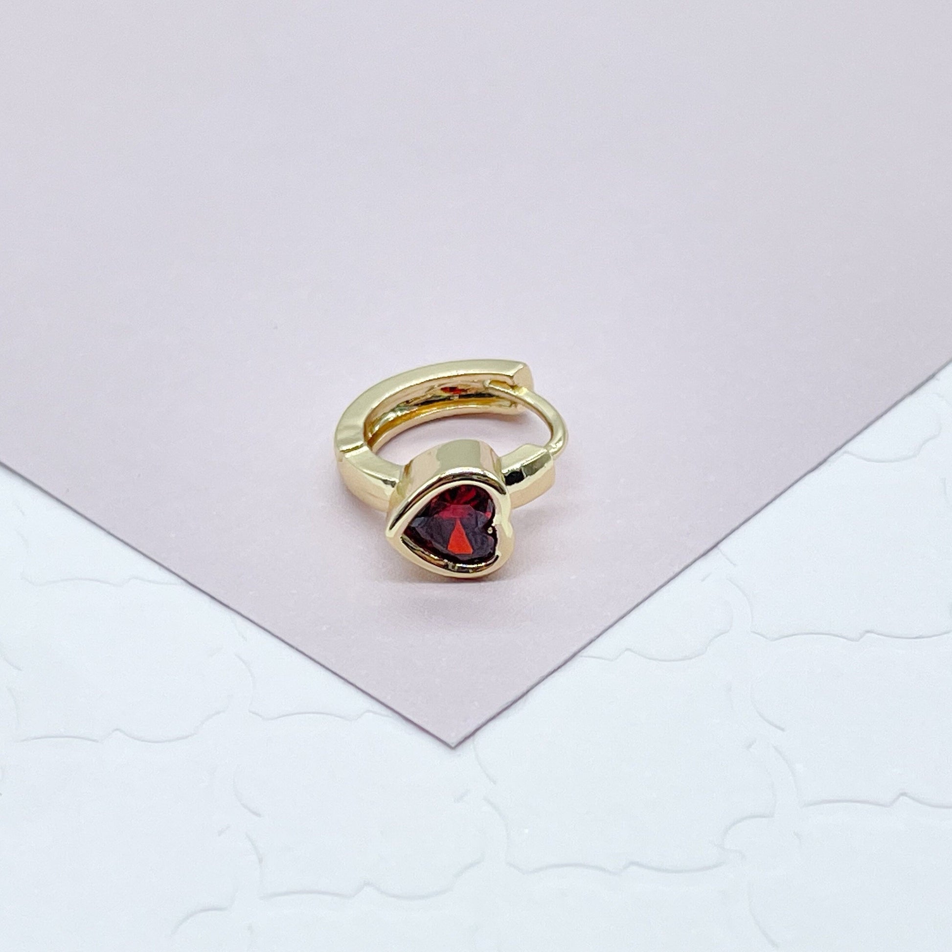 18k Gold Filled Heart Stone Huggie Small Hoop Earrings Hypoallergenic Jewelry Available in Ruby, Crystal, Pink And Lilac Colors