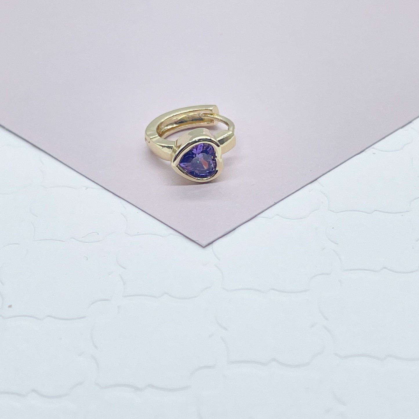 18k Gold Filled Heart Stone Huggie Small Hoop Earrings Hypoallergenic Jewelry Available in Ruby, Crystal, Pink And Lilac Colors