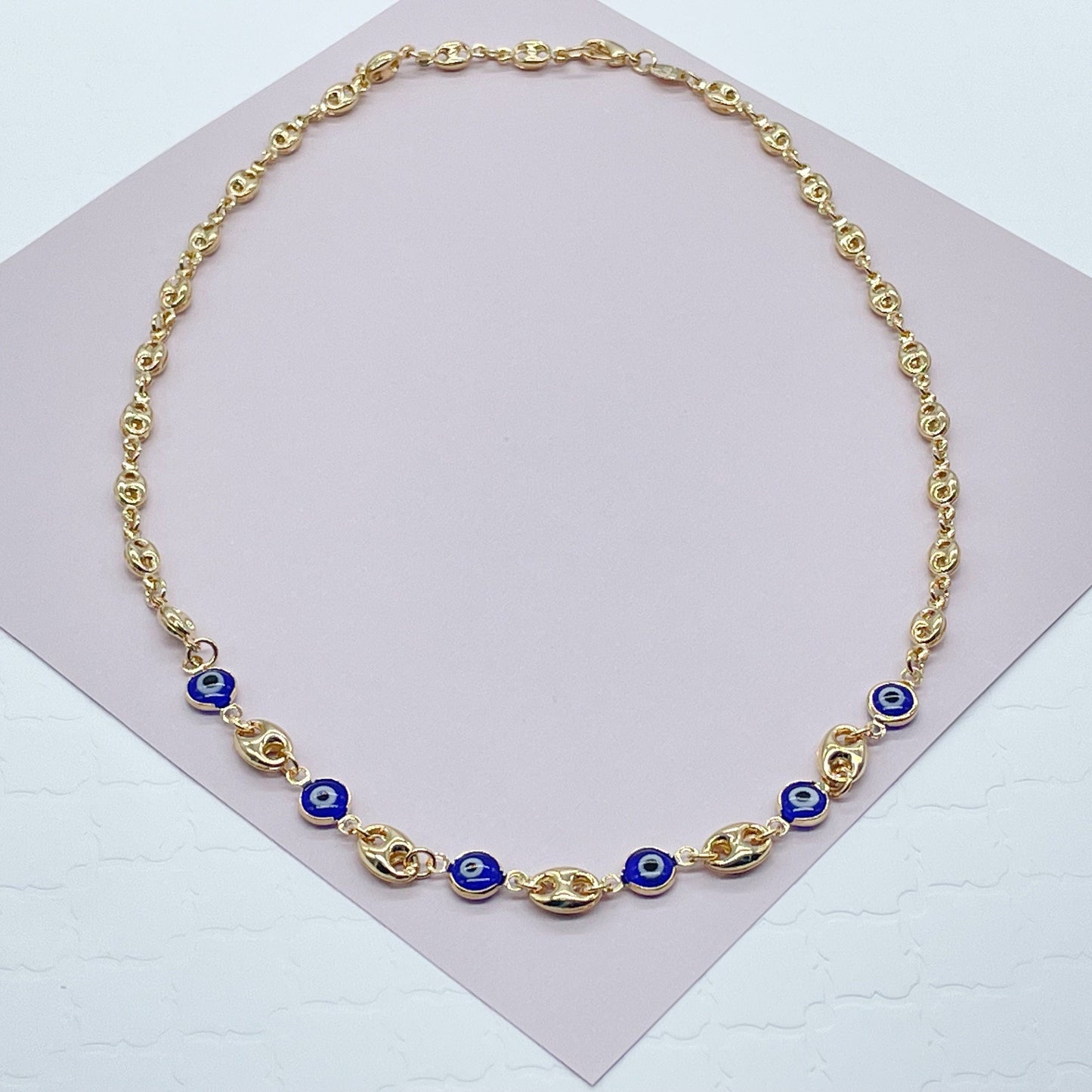 18k Gold Filled Mariner Link Mixed Blue & / or Red Eye Bracelet And Necklace