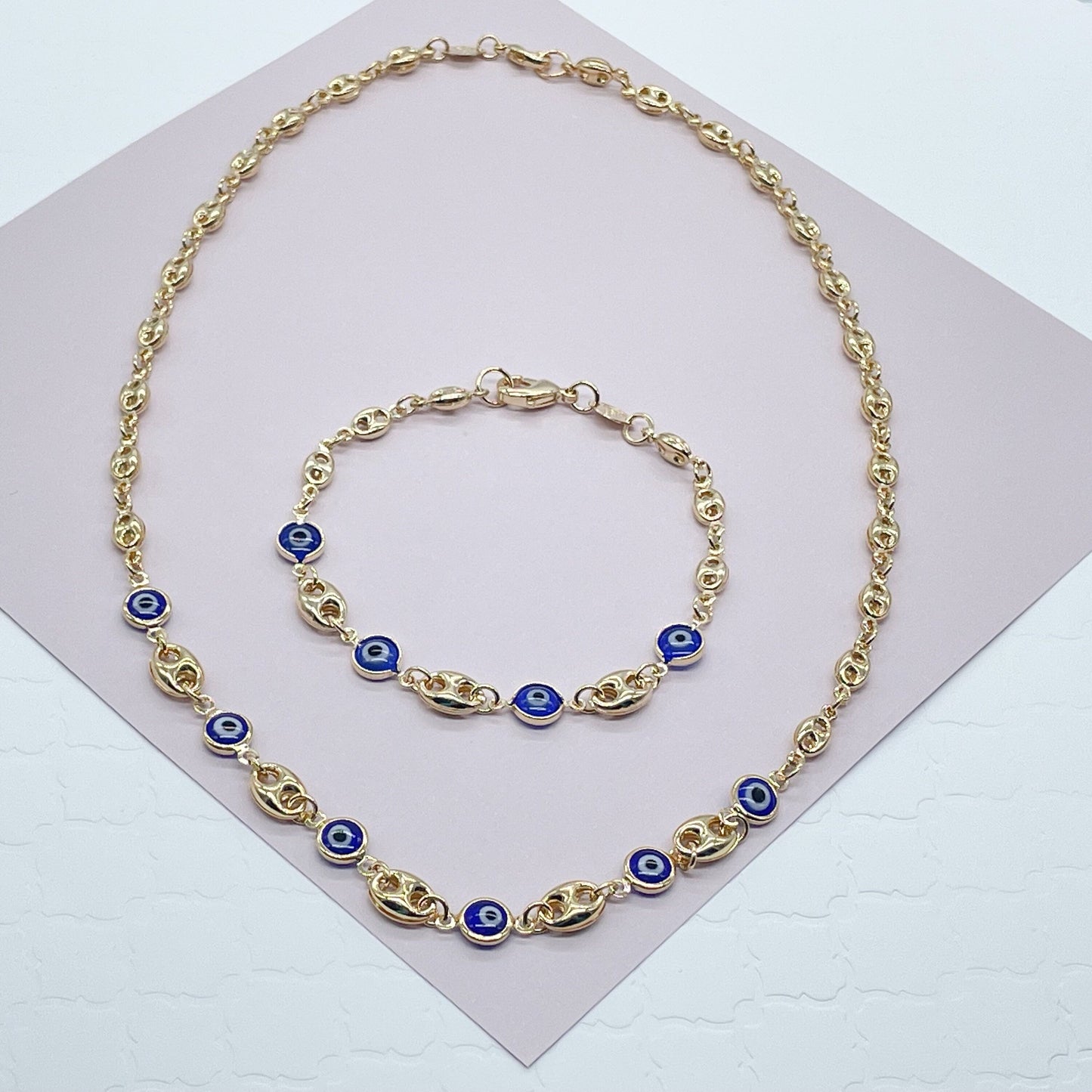18k Gold Filled Mariner Link Mixed Blue & / or Red Eye Bracelet And Necklace