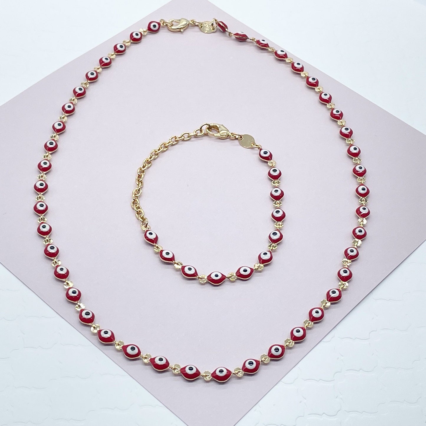 18k Gold Layered Red Color Evil Eye Bracelet And Necklace