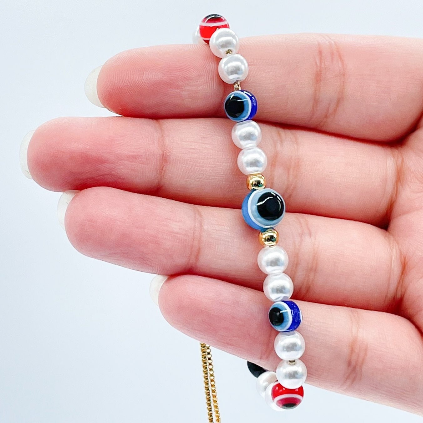 18k Gold Filled Evil Eye & Pearl Adjustable Bracelet Featuring Slide Clasp