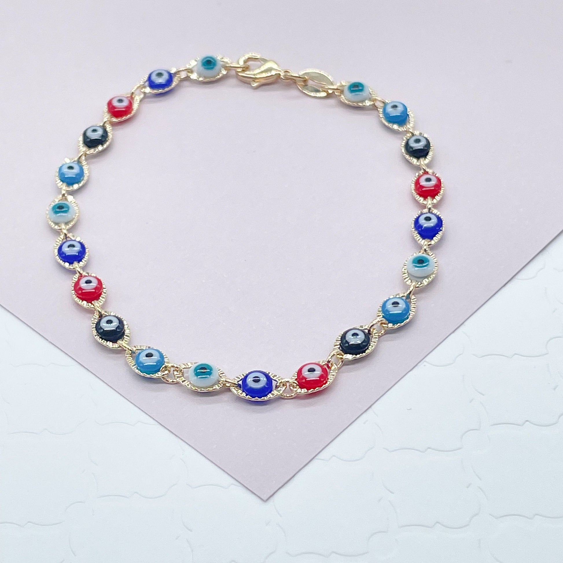 18k Gold Filled Multi Color Evil Eye Bracelet Necklace Set