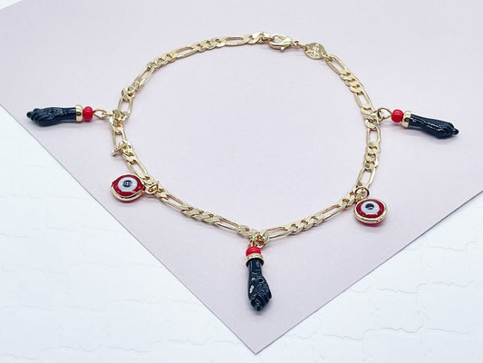 18k Gold Filled Red Evil Eye & Black "Figa" Protection Anklet in a Figaro Chain
