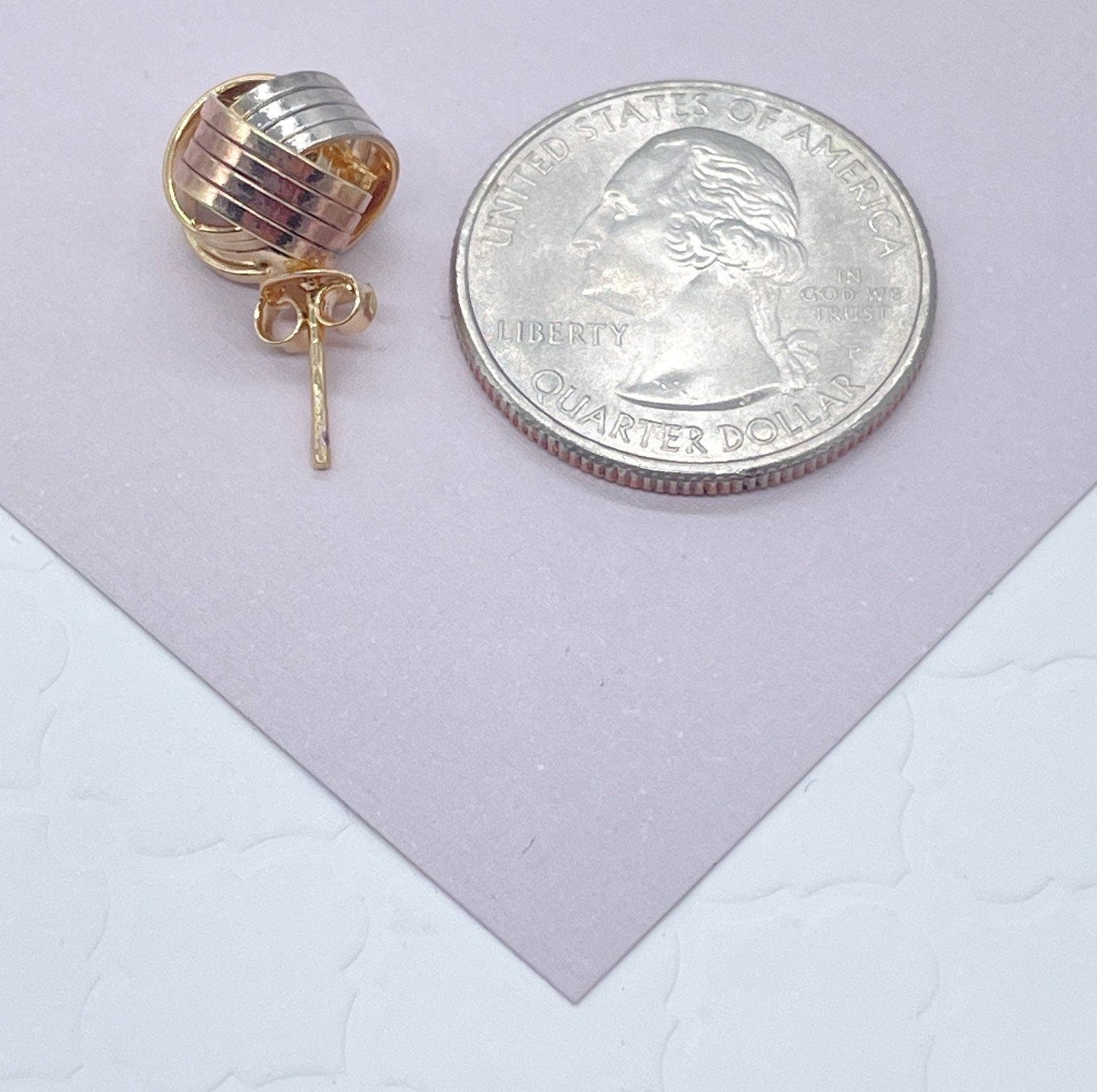 18k Gold Filled Tri Color Love Knot Stud Earrings Sizes Small, Medium And