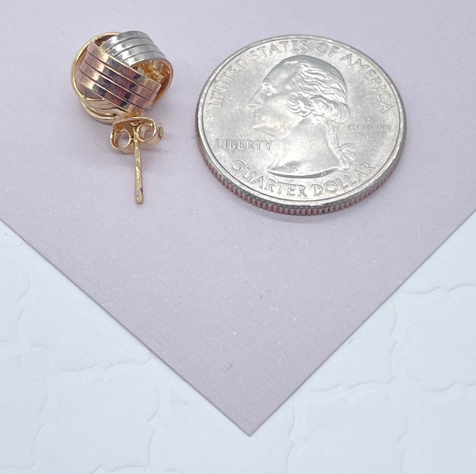 18k Gold Filled Tri Color Love Knot Stud Earrings Sizes Small, Medium And