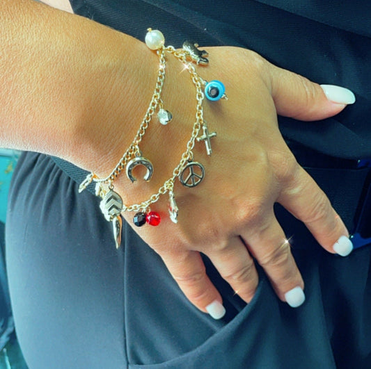 18k Gold Filled Luck Charms Bracelet Protection, Good Luck, Money Prosperity Featuring Evil Eyes, "Figa", Clover, Crystals, Guadalupe