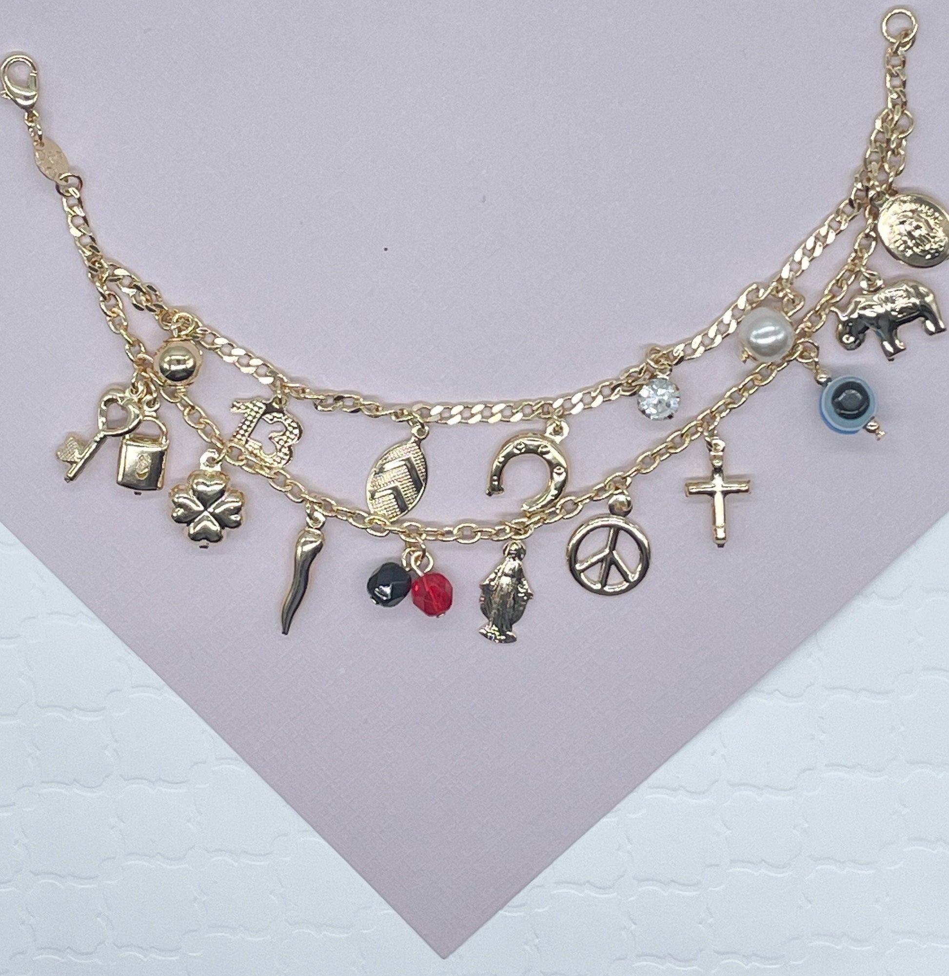 18k Gold Filled Luck Charms Bracelet Protection, Good Luck, Money Prosperity Featuring Evil Eyes, "Figa", Clover, Crystals, Guadalupe