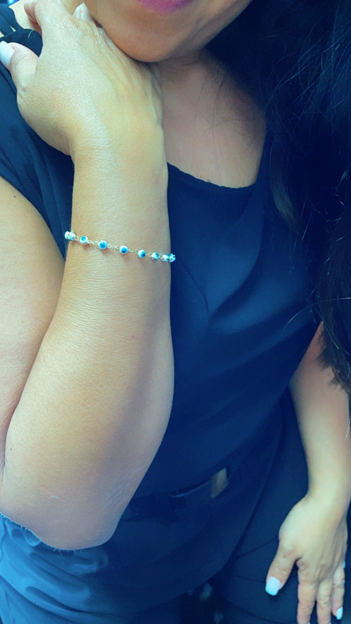 18k Gold Filled 16 Small Blue Evil Eye Connected Bracelet Hypoallergenic