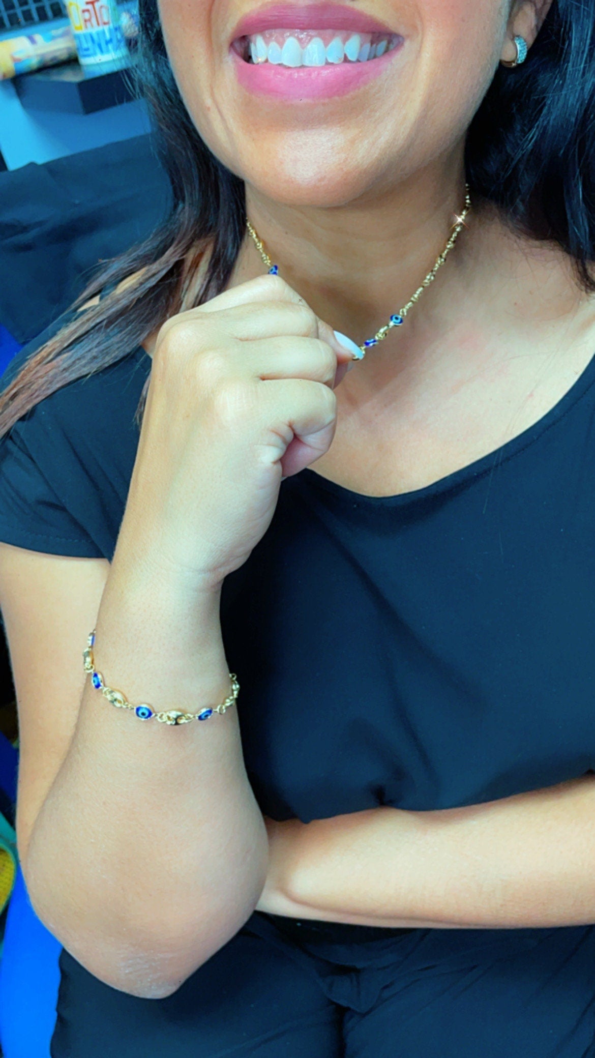 18k Gold Filled Mariner Link Mixed Blue & / or Red Eye Bracelet And Necklace Set