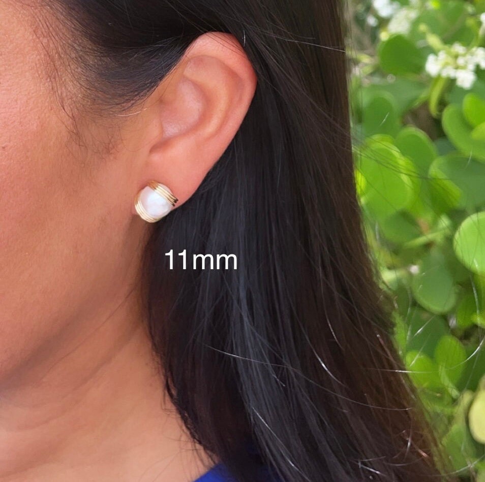 18k Gold Filled Pearl Stud Side Wrapped By Gold Wire Hoop Detail, Small And Medium Size Available,