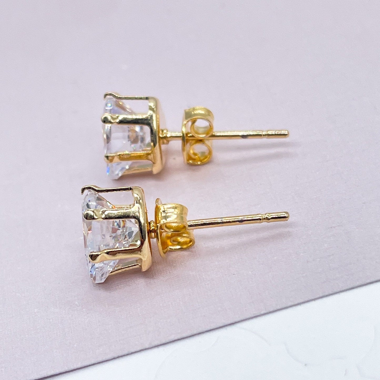 18k Gold Filled 6mm Cubic Zirconia Square Stud Earrings, Princess Cut Square Studs,