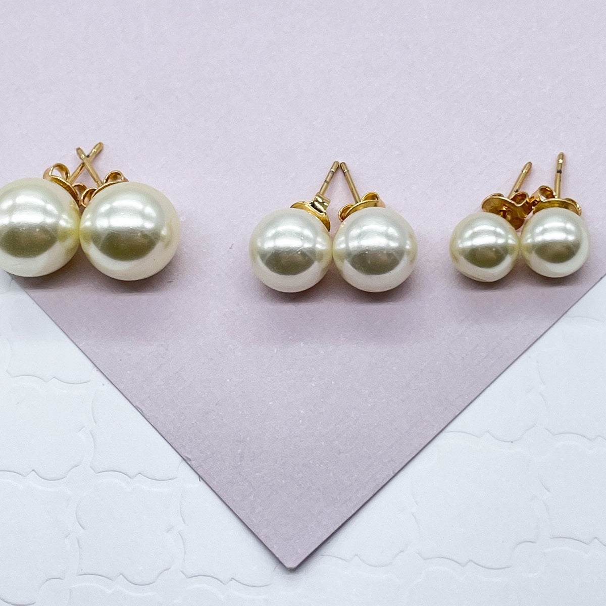 18k Gold Filled Simulated Pearl Stud Earrings (8mm, 10mm, 12mm)