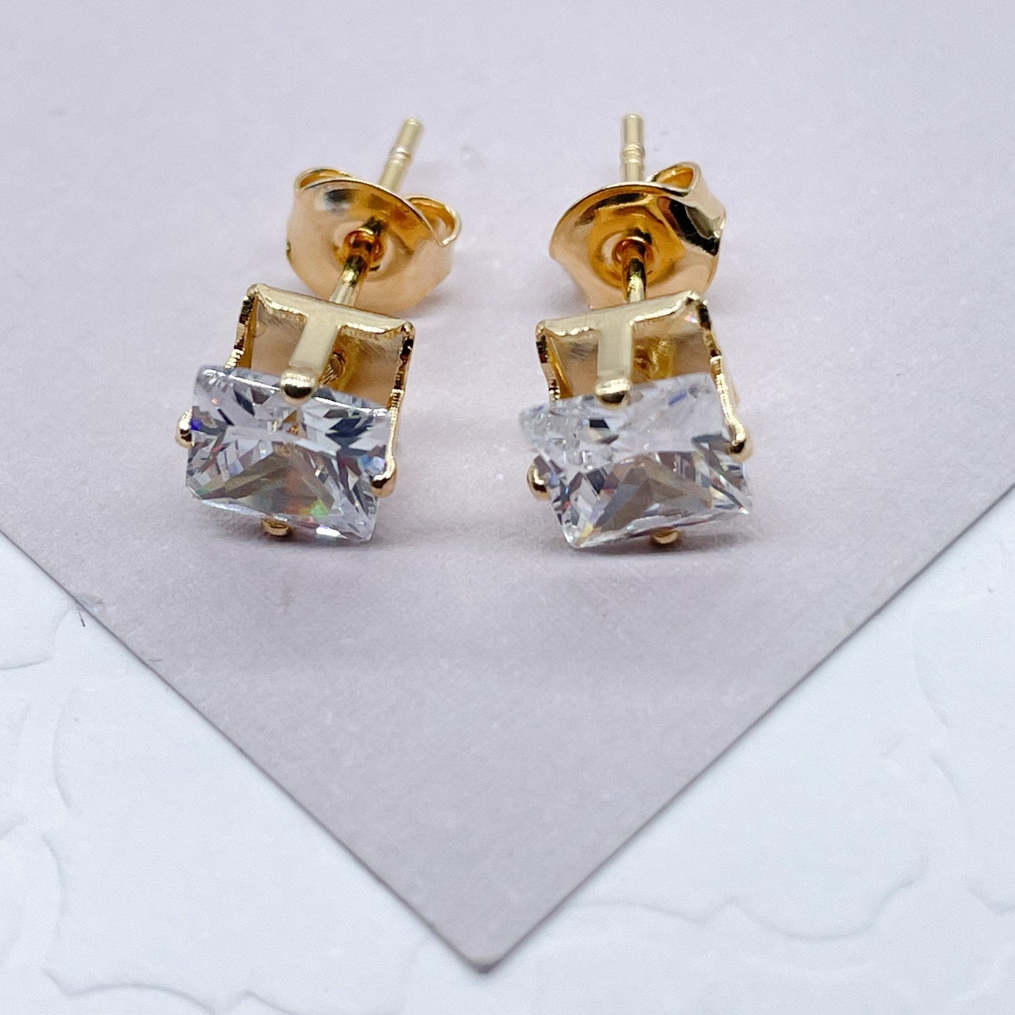 18k Gold Filled 6mm Cubic Zirconia Square Stud Earrings, Princess Cut Square Studs,