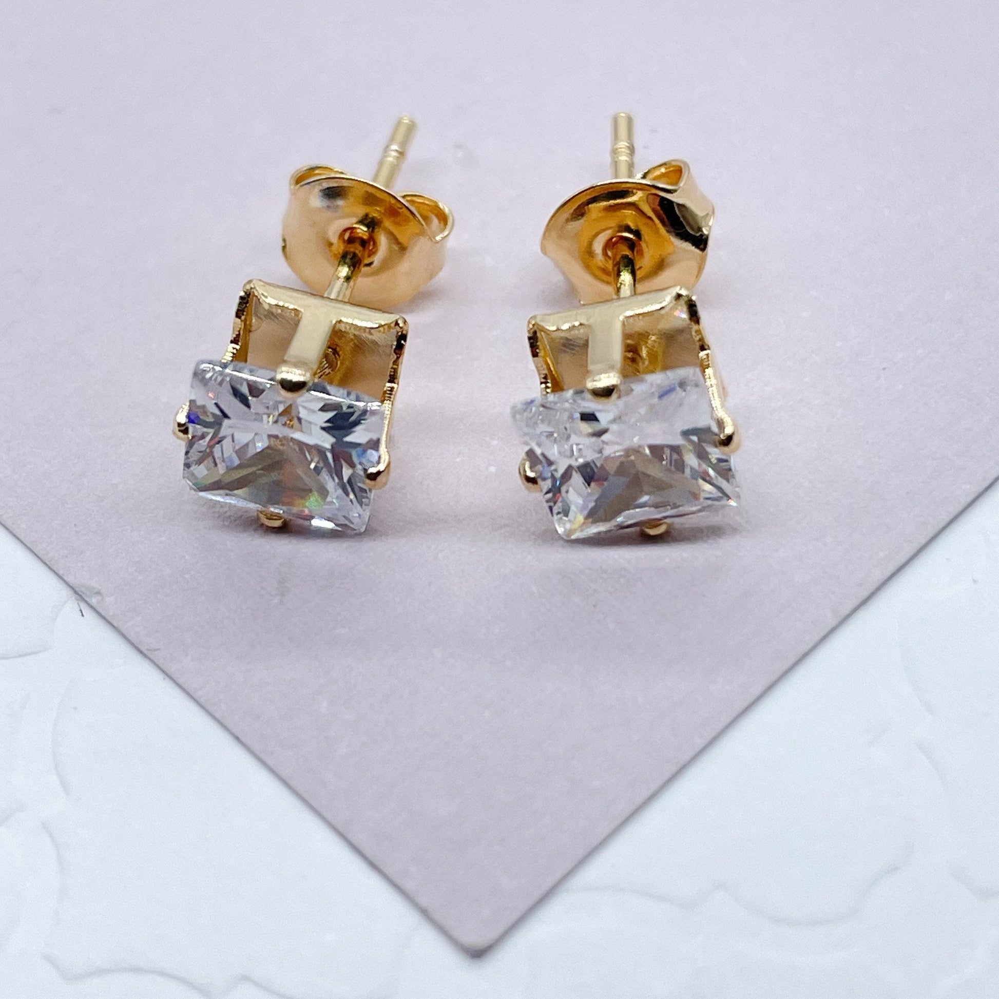 18k Gold Filled 6mm Cubic Zirconia Square Stud Earrings, Princess Cut Square Studs,