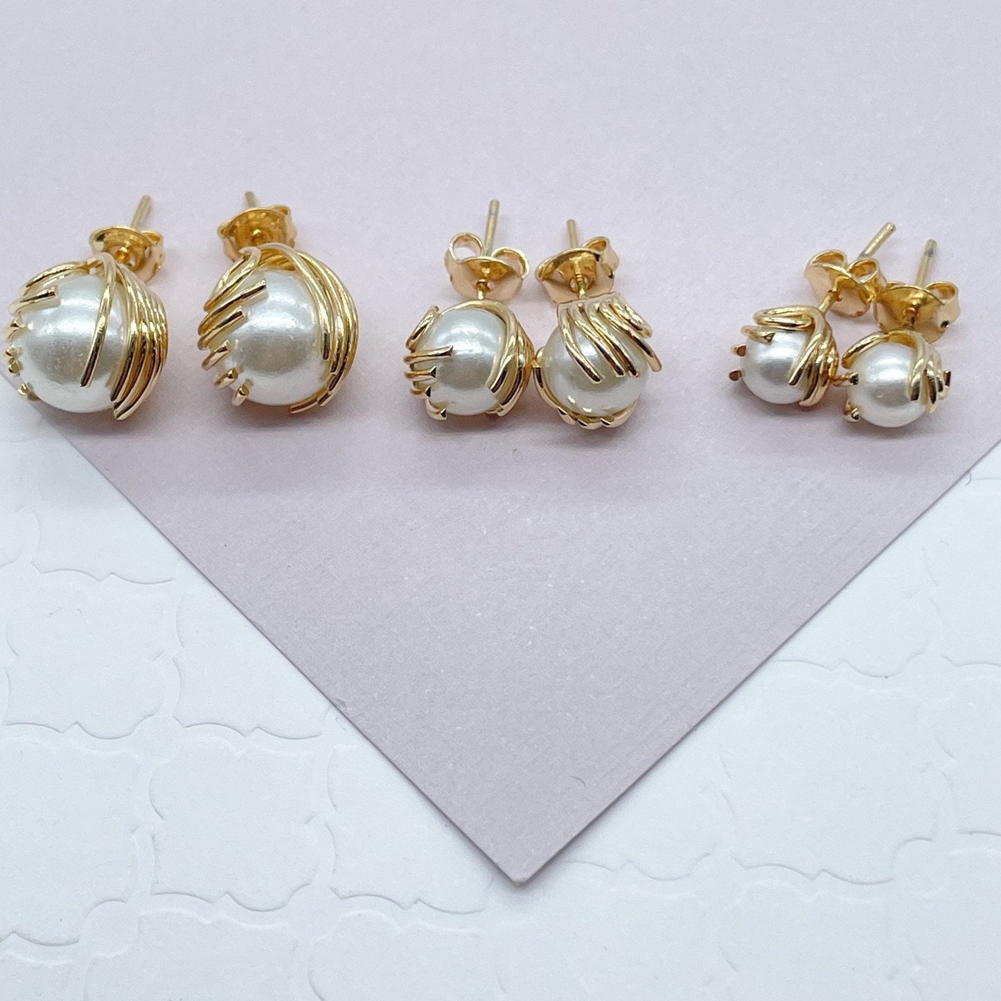 18k Gold Layered Pearl Stud Earrings Wrapped In Gold Thread, Grabbed By Wires