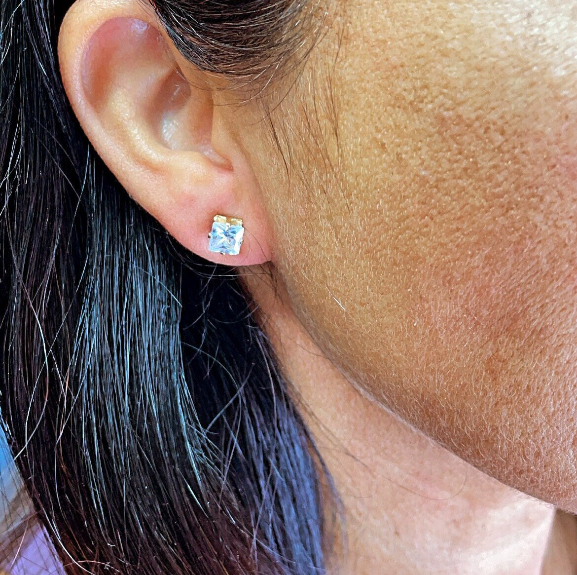 18k Gold Filled 6mm Cubic Zirconia Square Stud Earrings, Princess Cut Square Studs,