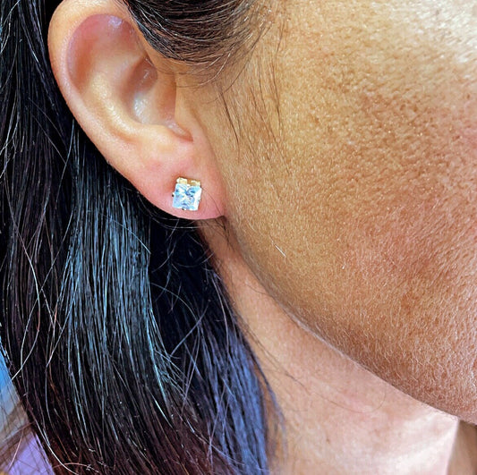18k Gold Filled 6mm Cubic Zirconia Square Stud Earrings, Princess Cut Square Studs,