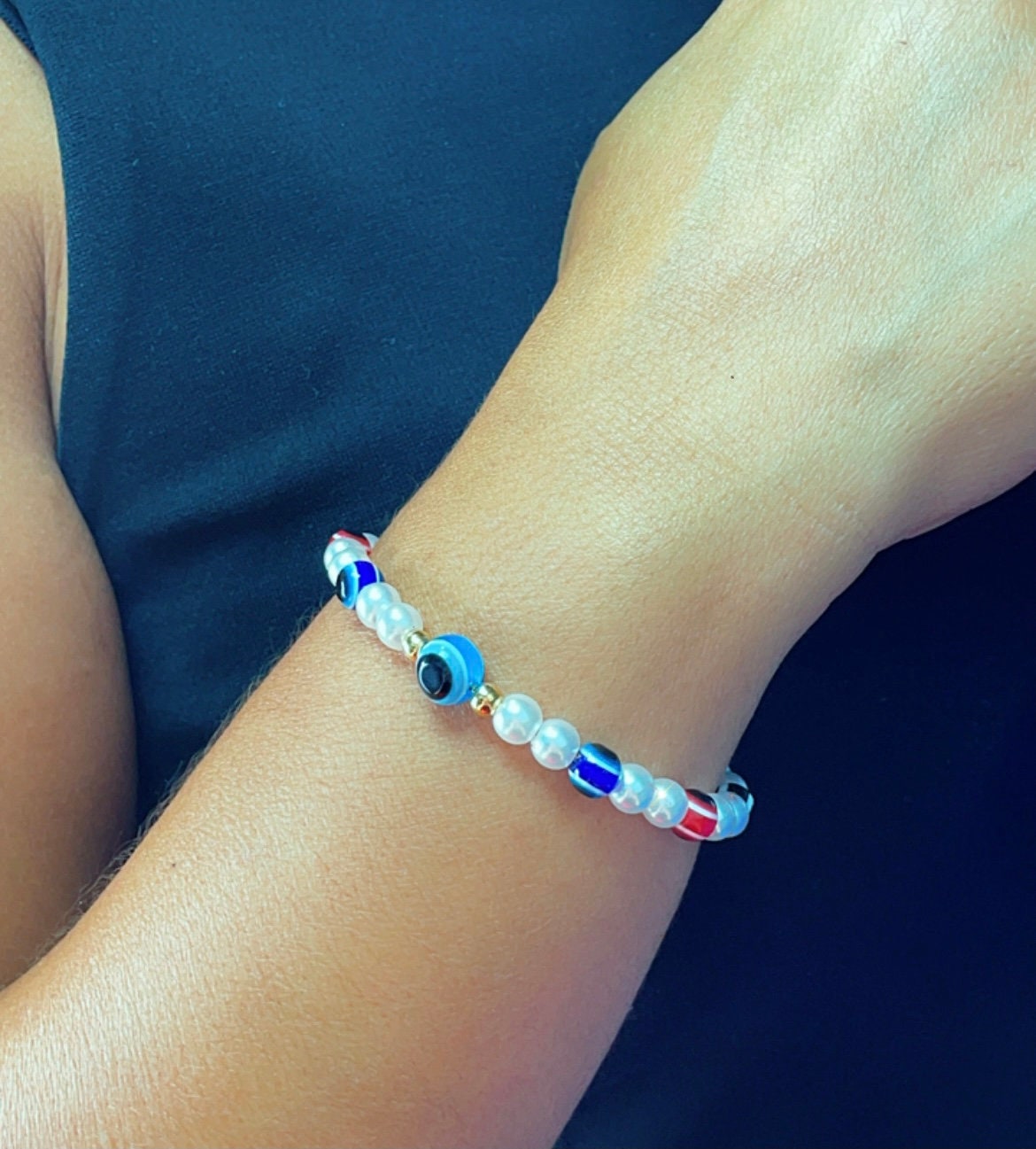 18k Gold Filled Evil Eye & Pearl Adjustable Bracelet Featuring Slide Clasp